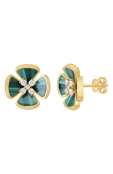 14K Yellow Gold Malachite & Diamond Flower Stud Earrings - 0.30ct.
