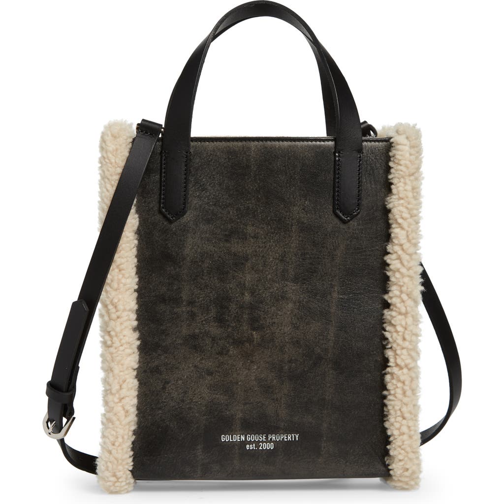 Golden Goose Mini California North/south Leather & Genuine Shearling Tote In Black/natural White