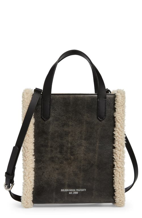 Golden Goose Mini California North/South Leather & Genuine Shearling Tote in Black/Natural White at Nordstrom