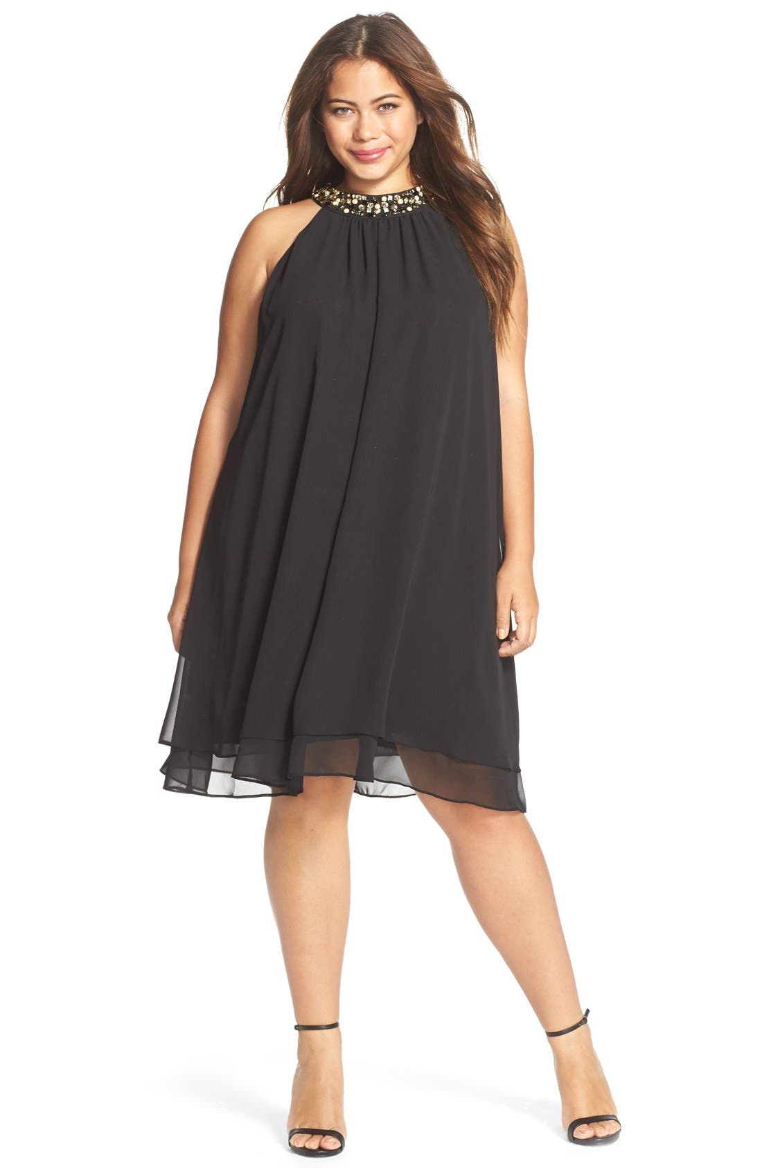 Eliza J Embellished Neck Chiffon Trapeze Dress (Plus Size) Nordstrom