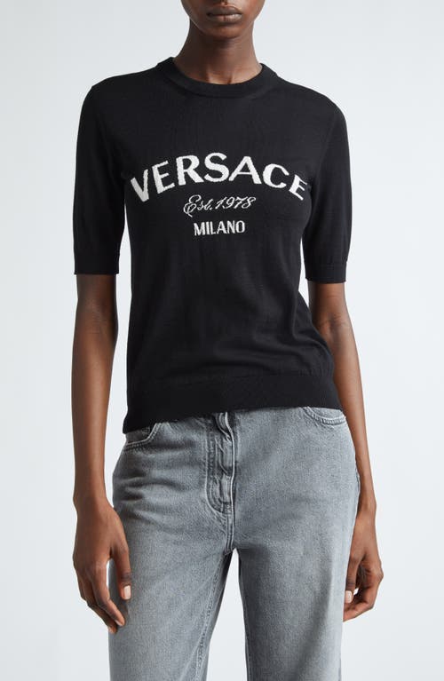 Versace Logo Short Sleeve Virgin Wool Sweater Black at Nordstrom, Us