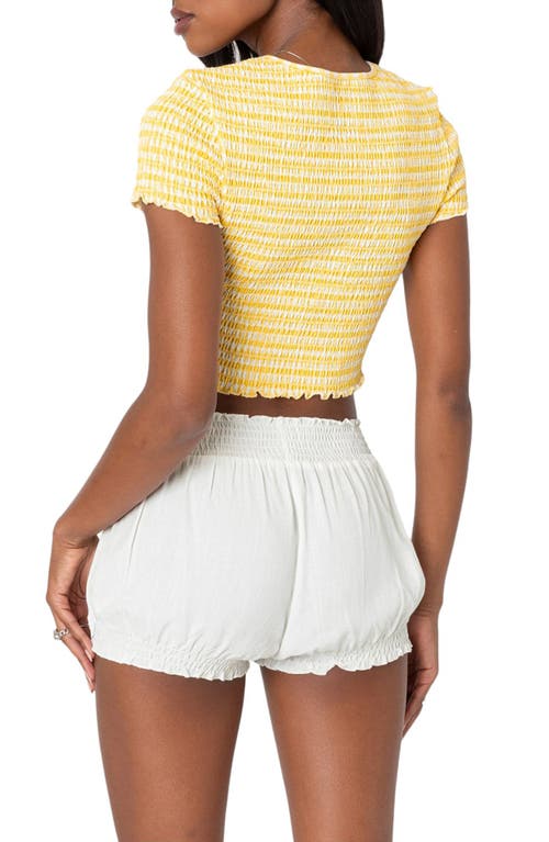 Shop Edikted Gingham Smocked Crop Cotton Graphic T-shirt In Yellow