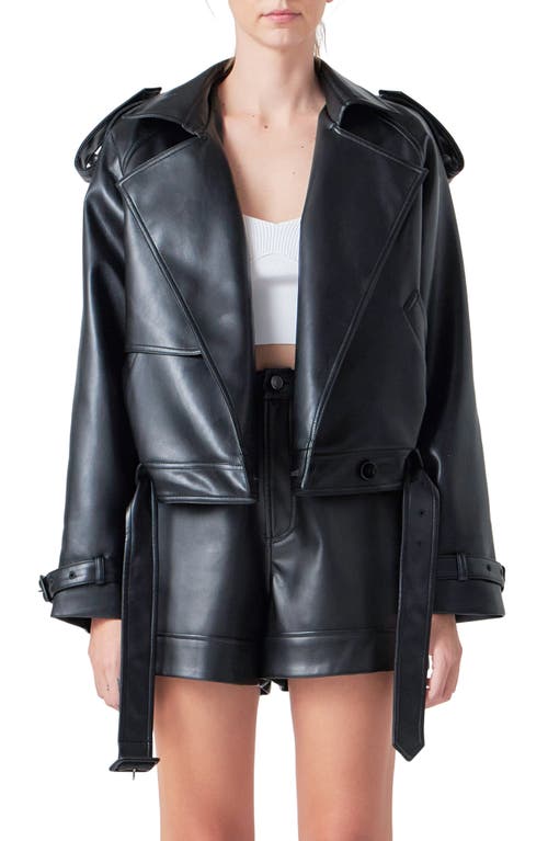 Grey Lab Faux Leather Trench Jacket in Black 