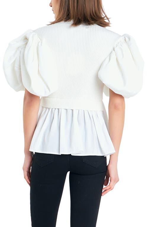 English Factory Mixed Media Puff Sleeve Top In Ivory