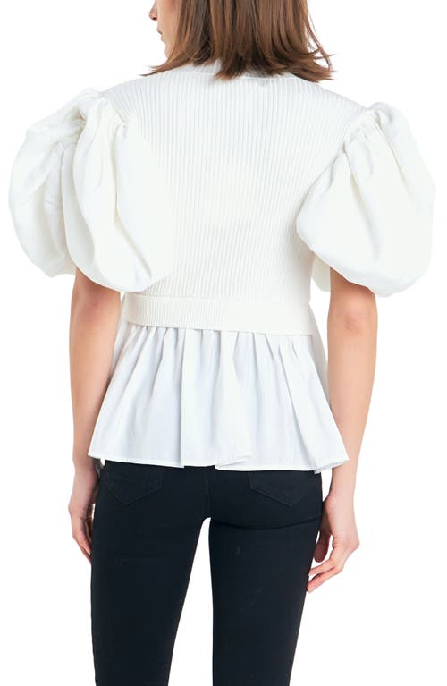 Shop English Factory Mixed Media Puff Sleeve Top In Ivory