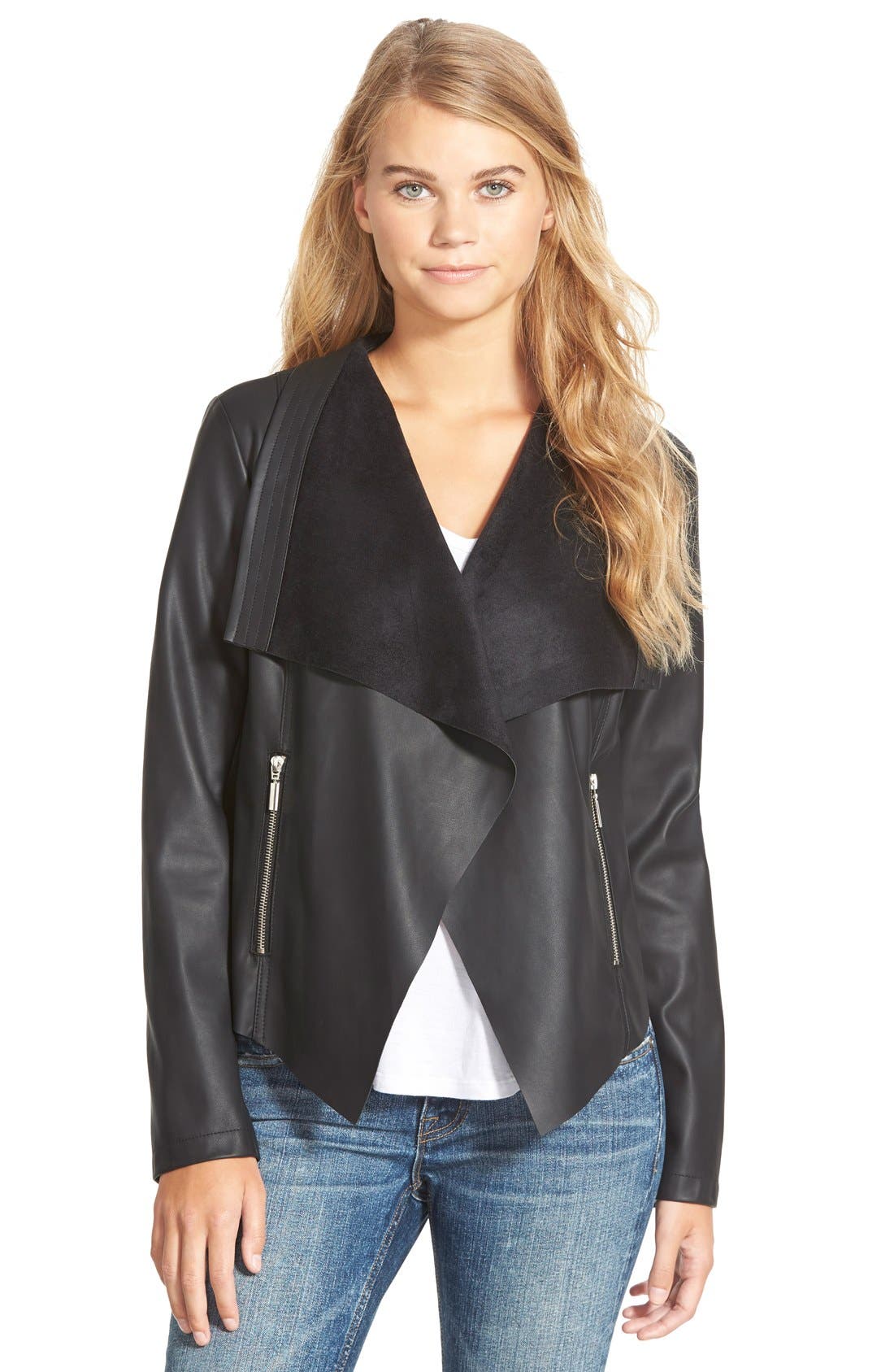 Collection B Faux Leather Drape Front Jacket | Nordstrom