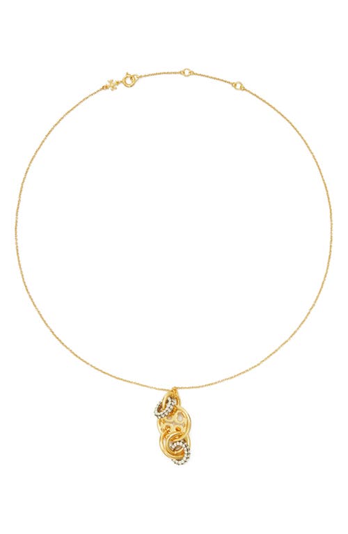 Shop Tory Burch Miller Interlocking Pendant Necklace In Tory Gold/crystal