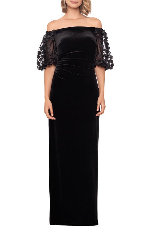 Xscape Evenings Floral Appliqué Off the Shoulder Velvet Gown Black at Nordstrom,