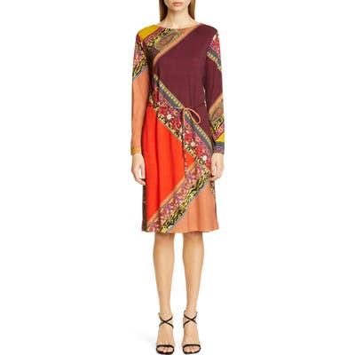 Etro Colorblock Print Long Sleeve Wool Dress, US / 46 IT - Burgundy