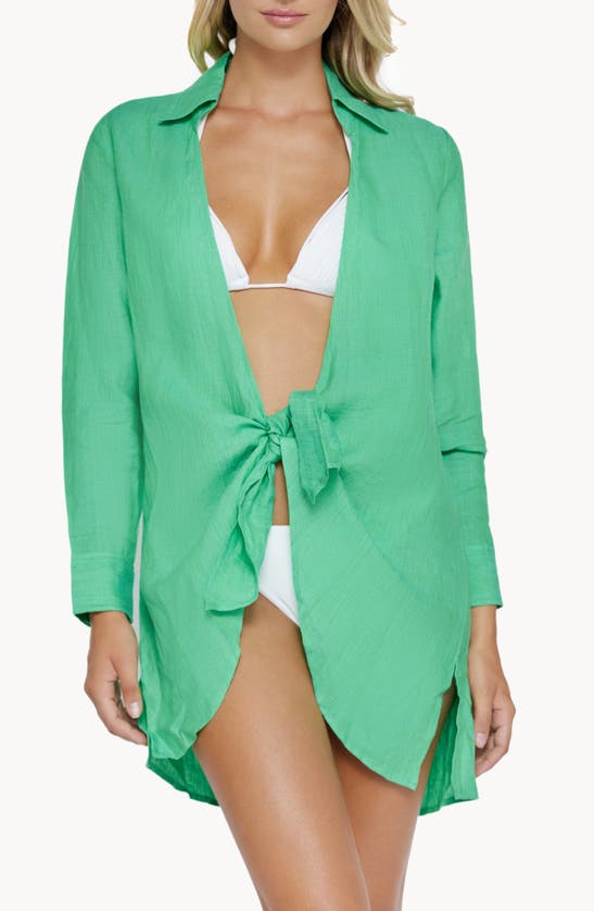 Shop Pq Swim Millie Tie Linen Cover-up Tunic Shirt In Matcha