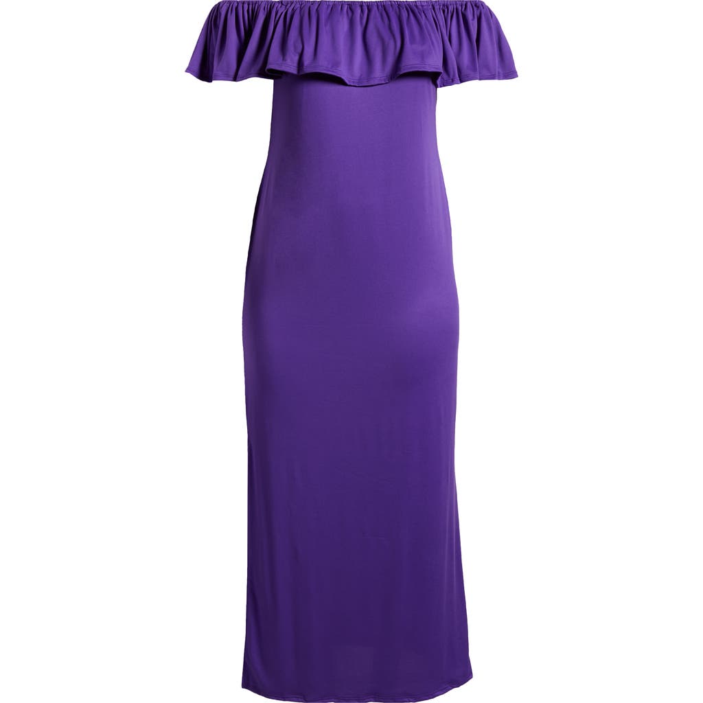 24seven Comfort Apparel Off Shoulder Ruffle Detail Maternity Maxi Dress In Purple