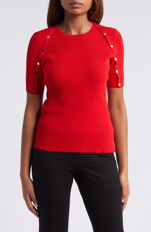 Shop Anne Klein Rib Snap Trim Short Sleeve Crewneck Sweater In Bright Crimson