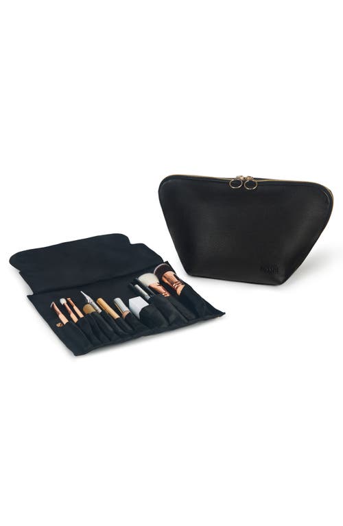 Vacationer Leather Makeup Brush Organizer in Black Leather/Pink
