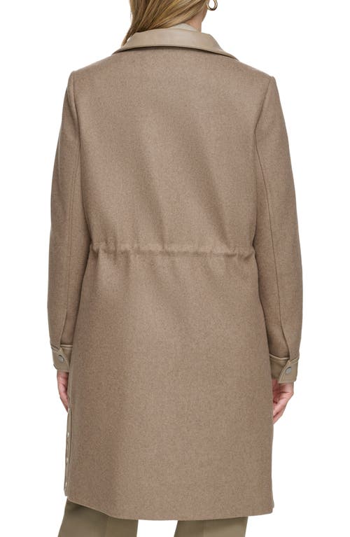 Andrew Marc Feather Leather Trim Wool Blend Coat In Mushroom