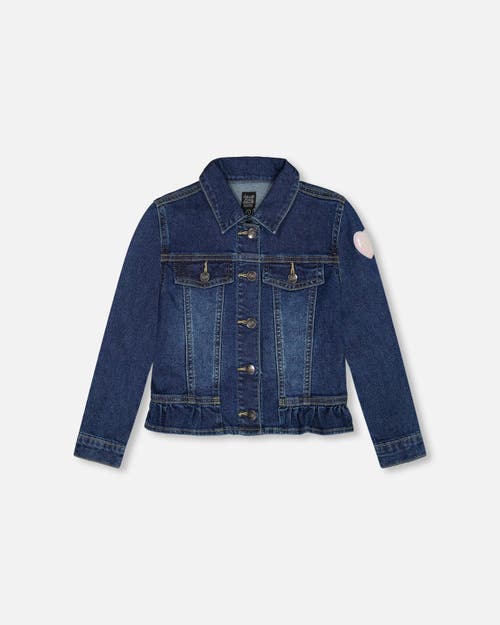 Shop Deux Par Deux Girl's Stretch Denim Jacket With Unicorn In Navy Denim