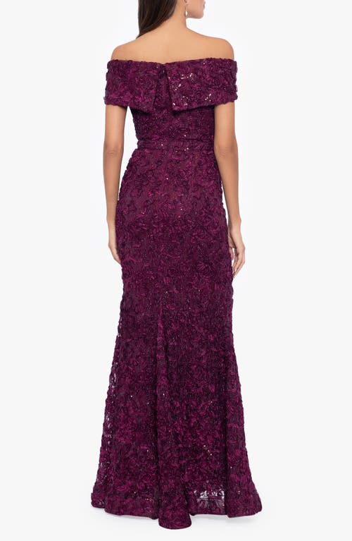 Shop Xscape Evenings Off The Shoulder Embroidered Gown In Wine