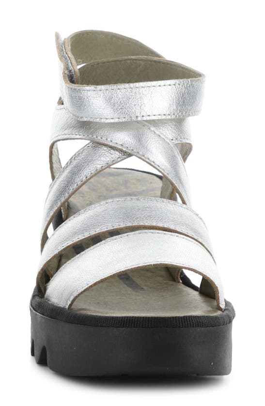 Shop Fly London Bafy Ankle Strap Platform Wedge Sandal In Silver Idra