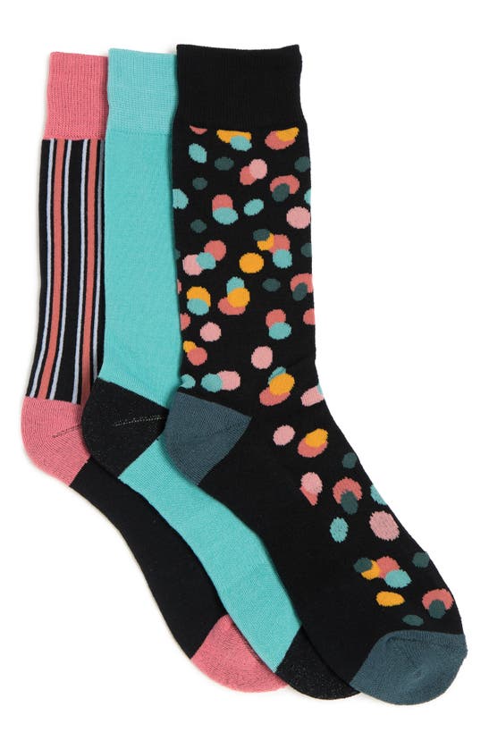 Nordstrom Rack Cushioned Patterned Crew Socks In Black- Teal Dot Stripe