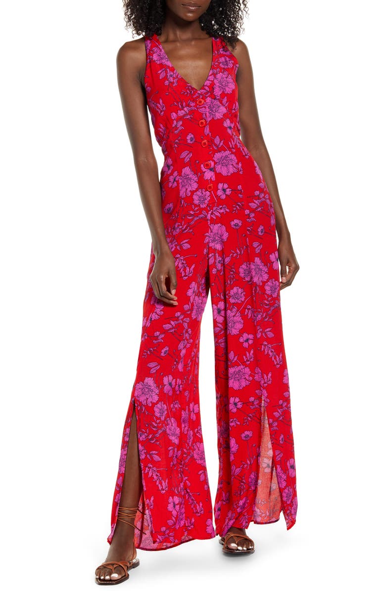 BAND OF GYPSIES Eze Slit Hem Jumpsuit, Main, color, RED MAG