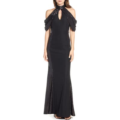 Tadashi Shoji Sequin & Crepe Cold Shoulder Gown, Black