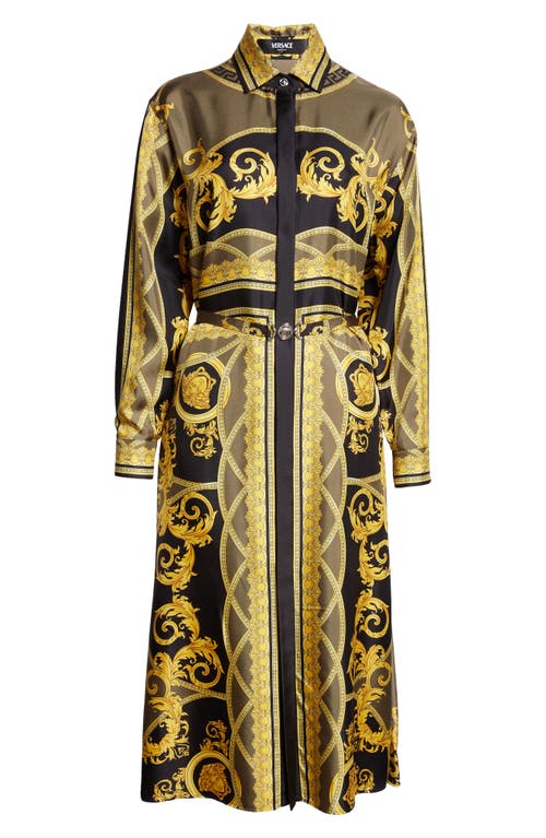 Shop Versace Barocco Print Long Sleeve Silk Satin Midi Shirtdress In Black Dark Olive Gold