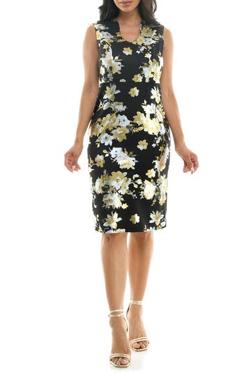 Nina Leonard Floral Foil Midi Dress In Black/gold/silver