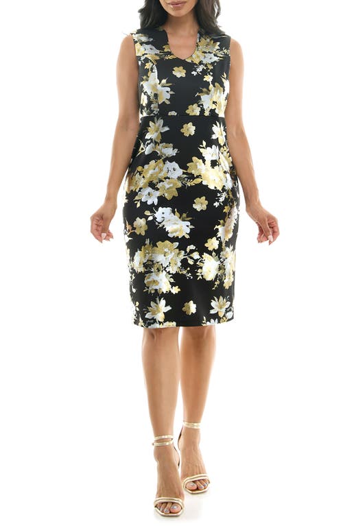 Nina Leonard Floral Foil Midi Dress In Black/gold/silver