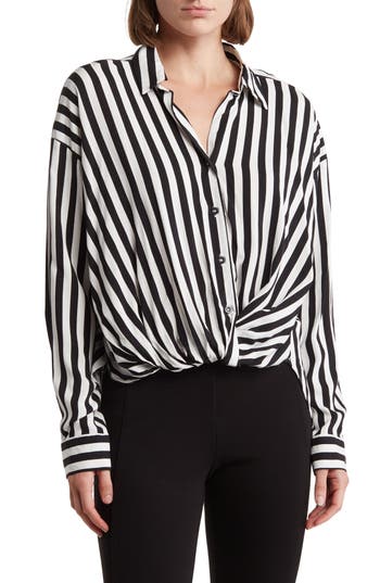Ellen Tracy Stripe Knotted Long Sleeve Button-up Shirt In Black