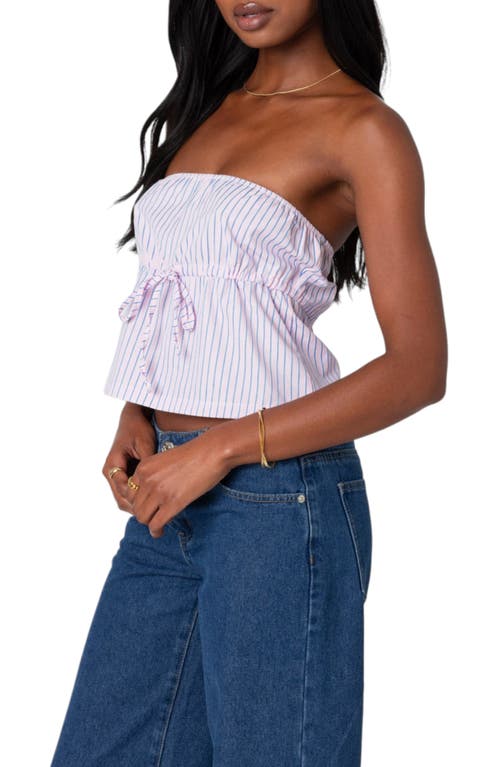 Shop Edikted Augusta Pinstripe Strapless Peplum Crop Top In Light-pink