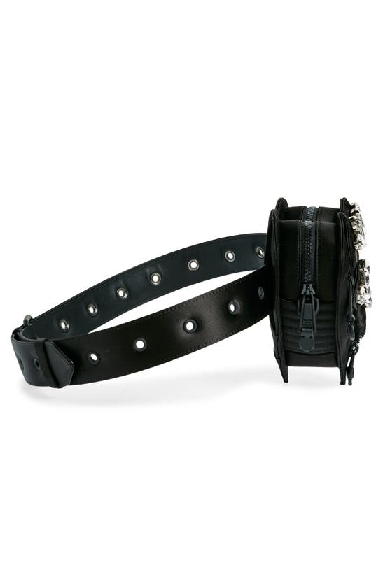 Shop Moschino Heart Biker Crystal Embellished Satin Belt Bag In Fantasy Print Black