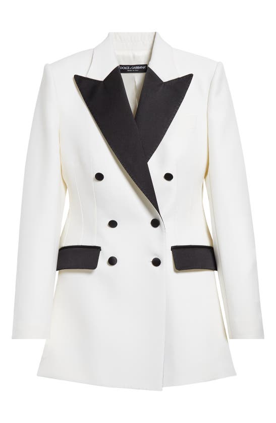 Shop Dolce & Gabbana Contrast Detail Double Breasted Wool Blend Blazer In Bianco Ottico