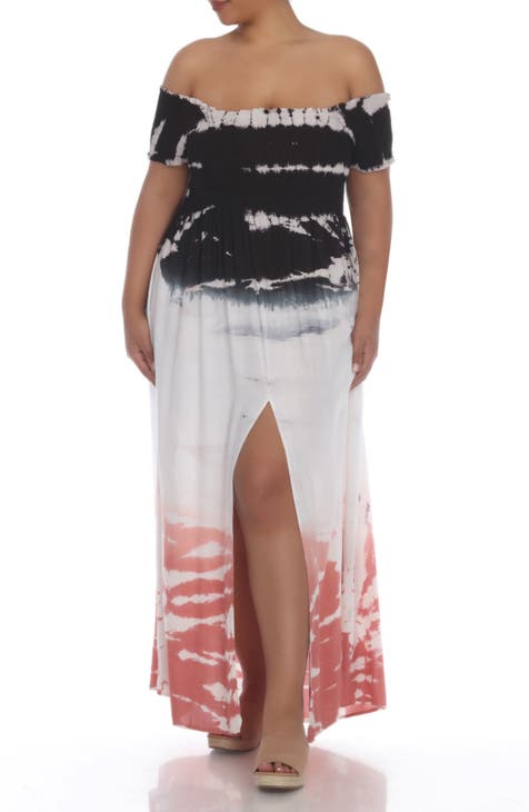 Off-the-Shoulder Tie Dye Print Maxi Dress (Plus)