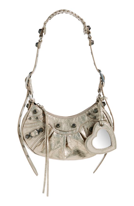 Shop Balenciaga Extra Small Le Cagole Crinkle Metallic Lambskin Shoulder Bag In Stone Beige