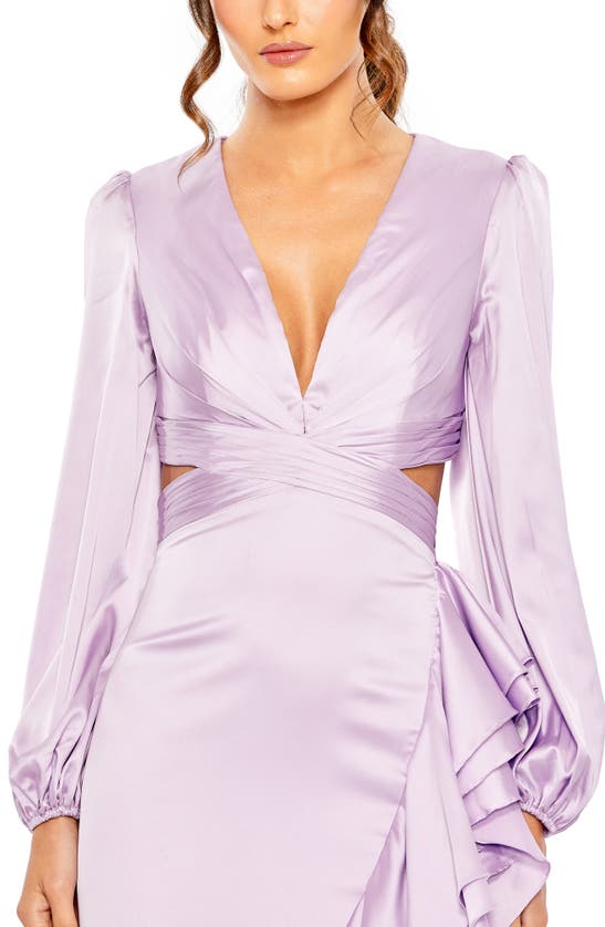 Shop Mac Duggal Cascade Detail Long Sleeve Gown In Lilac