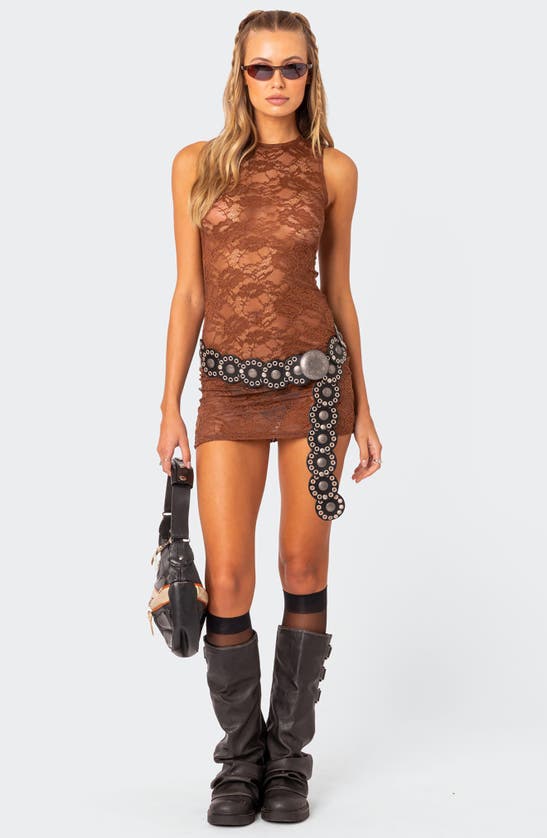 Shop Edikted Janina Sheer Lace Minidress In Brown