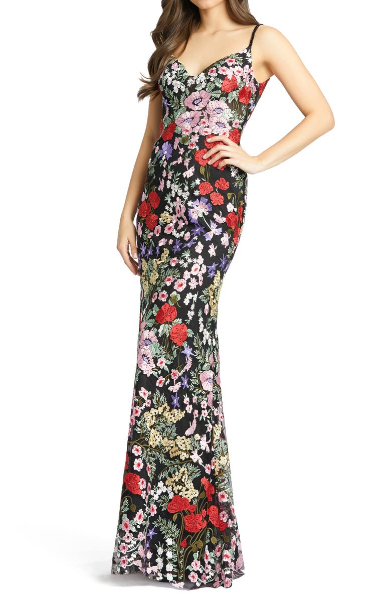 Mac Duggal Floral Embroidered Deep V Neck Long Puff Sleeve Thigh High 