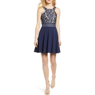 Speechless Lace Fit & Flare Dress, Blue