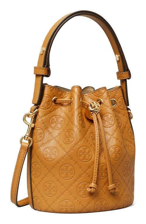 Shop Tory Burch Mini T Monogram Debossed Bucket Bag In Tan