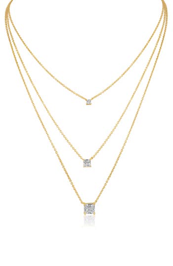 Shop Cz By Kenneth Jay Lane Triple Layer Princess Cut Cz Necklace In Clear/gold