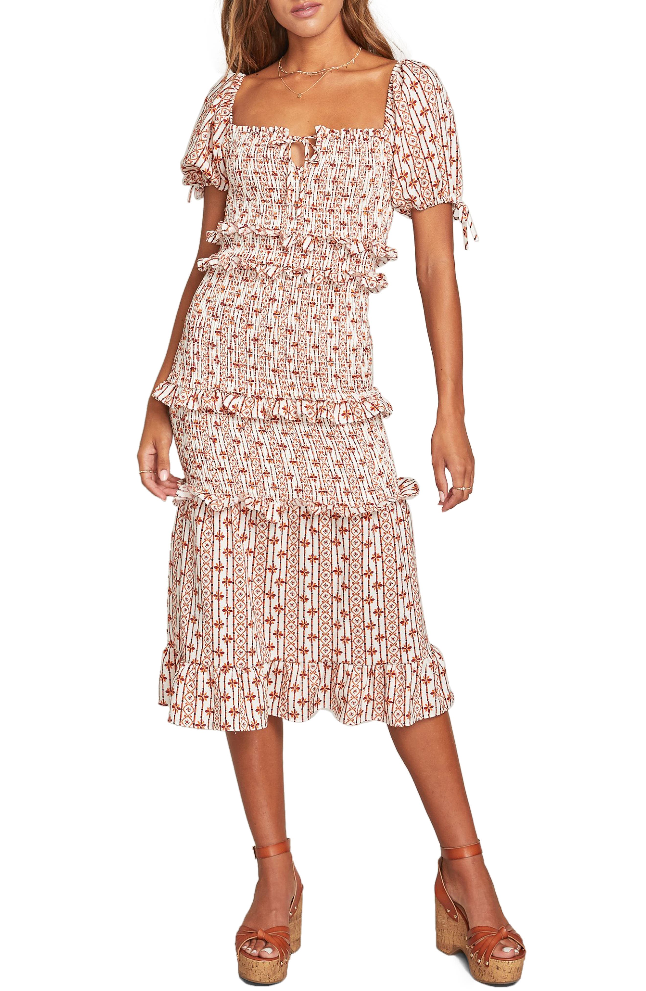 lost and wander smocked midi dress