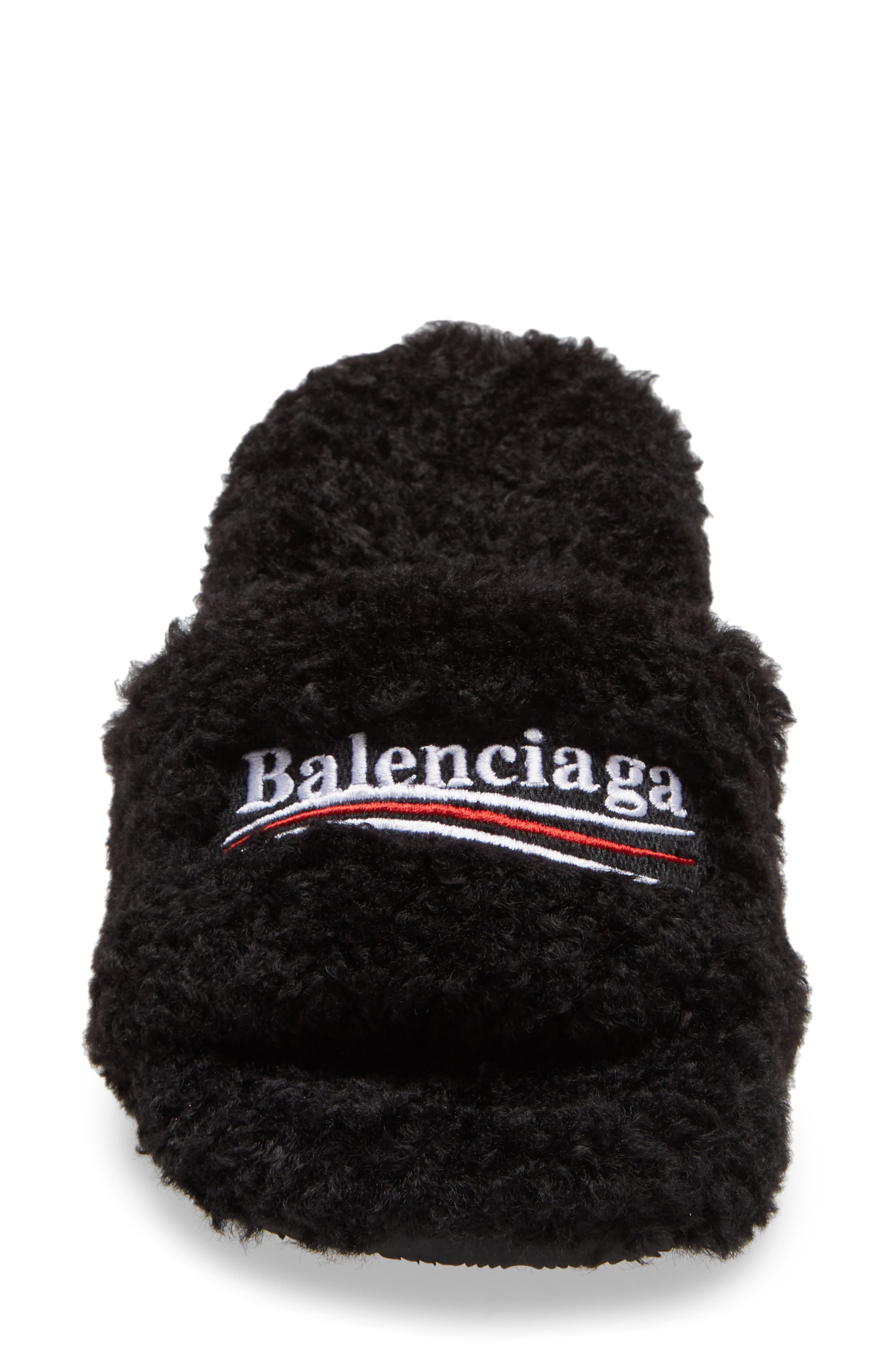 Balenciaga Campaign Logo Faux Shearling Slide Sandal Women