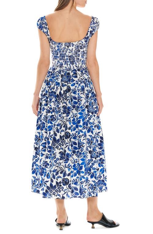 La Ligne Vivian Floral Smocked Bodice Cotton A-line Dress In Ivory/cobalt Floral