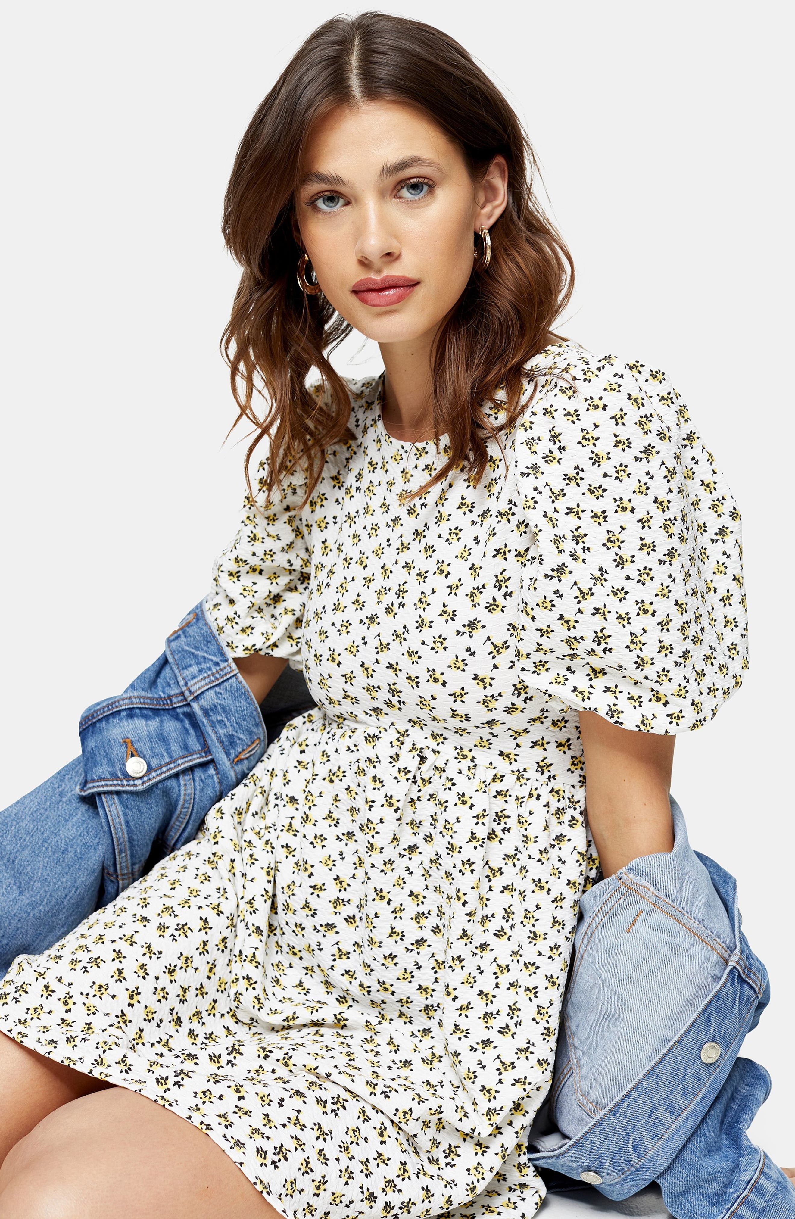 Ditsy Floral Puff Sleeve Babydoll Minidress
