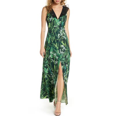 Foxiedox Print Ruffle V-Neck Evening Gown, Green