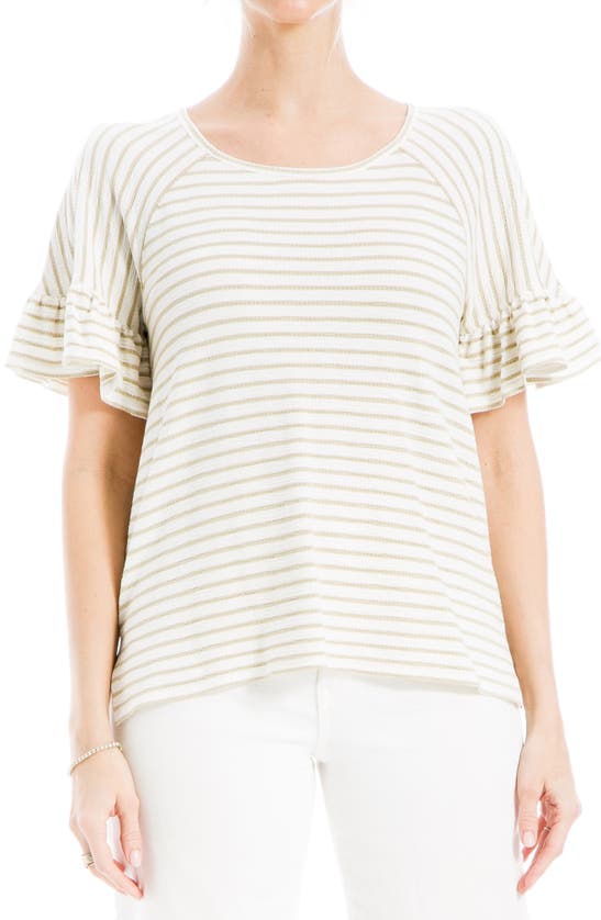 Max Studio Stripe Flutter Sleeve Top In Ivory/ Green Stripe