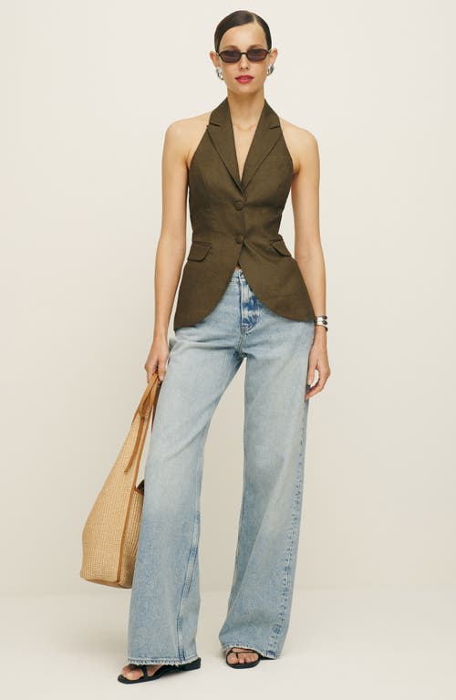 Shop Reformation Brennan Halter Linen Vest In Dark Olive