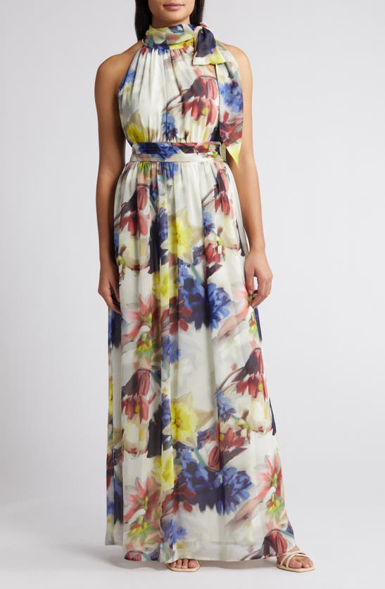 Shop Anne Klein Floral Bow Maxi Dress In Light Crema Multi