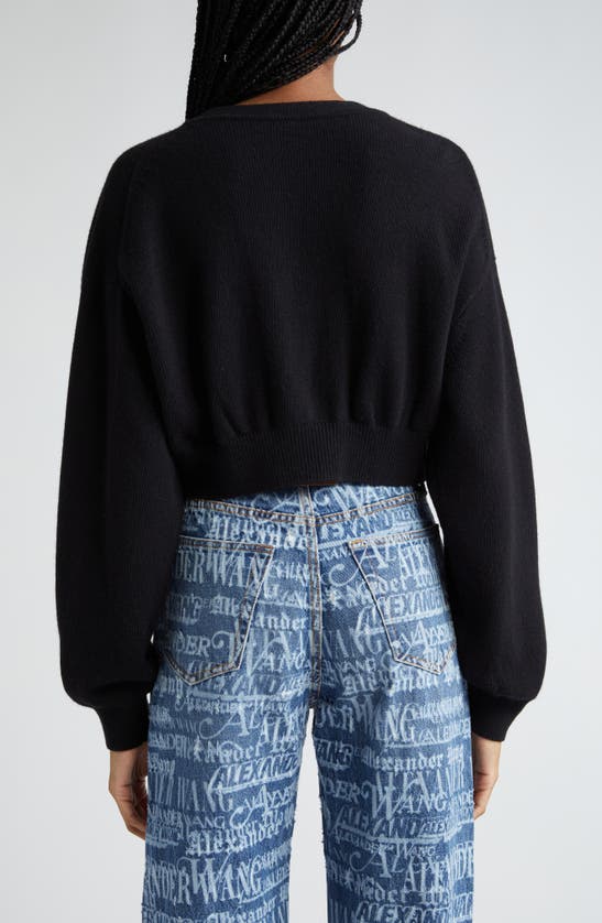 Alexander Wang Embossed Logo Crop Cotton & Wool Cardigan In Black