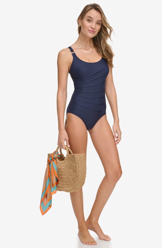 Shop Dkny Cheetah Print One-piece Swimsuit In Navy