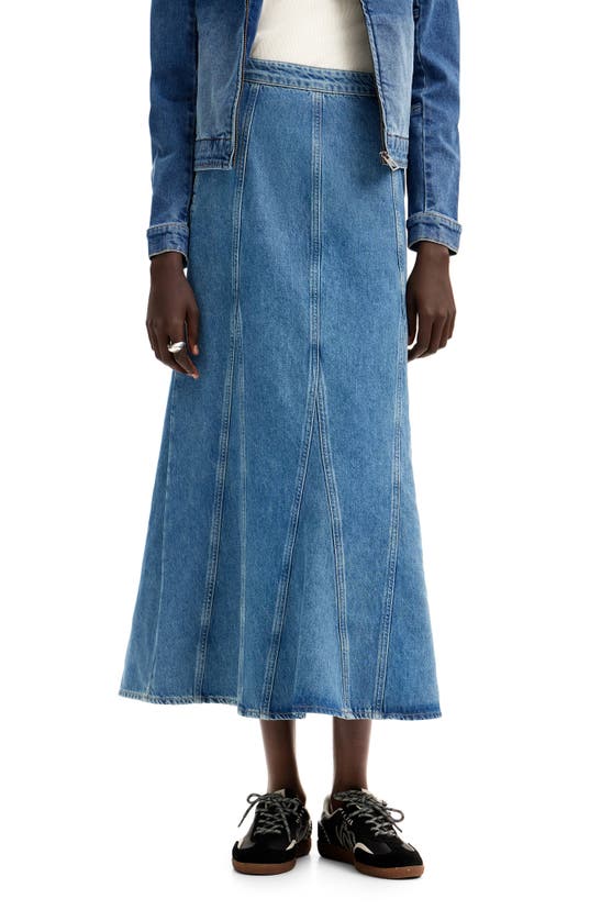 Shop Desigual Fal Gaga Paneled Flared Denim Midi Skirt In Blue